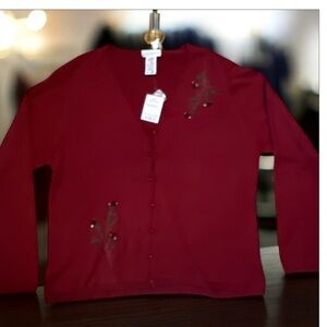 Yarnworks Red Embroidered Cardigan Sweater XL NWT JCPenney Wine Floral‎ Beaded